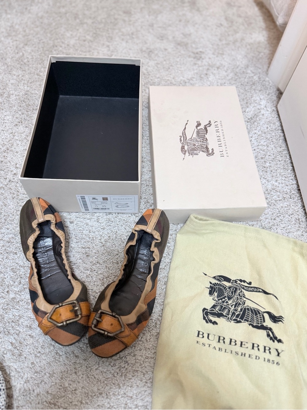 Burberry Brown Tan Glengall Check Ballet Flats with Buckle